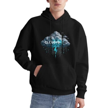Stylish Black Hoodie with Cloud and Lightning Design CLCUDV9 Graphic Print Casual Streetwear for Men and Women Trendy Urban Fashion Statement Piece Perfect for Daily Wear and Outdoor Activities
