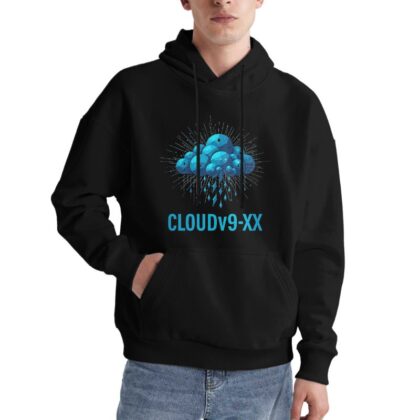 Stylish Black Hoodie with Cloudv9 XX Graphic Design Perfect for Tech Lovers and Trendsetters Featuring a Cool Blue Cloud Pattern and Modern Typography Ideal for Casual Wear or Gifting to Friends Who Love Unique Fashion Statements