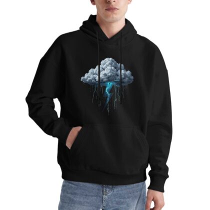 Storm Cloud Thunderbolt Hoodie Unisex Graphic Sweatshirt Cool Weather Design Electric Blue Lightning Print Casual Streetwear Fashion Trendy Urban Outfit for Men and Women