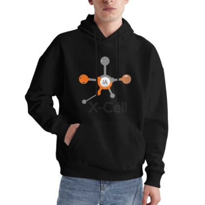 Cool Science Inspired Hoodie Featuring Molecular Design and X Cell Logo Perfect for Tech Lovers Students and Science Enthusiasts Stylish Black Sweatshirt with Unique Atomic Pattern Great Gift Idea for Nerds and Geeks
