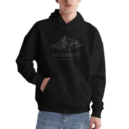 Stylish Black Hoodie with Mountain Logo Design Loganot Lysone Neld Print Casual Streetwear for Men and Women Comfortable Everyday Wear Perfect for Outdoor Adventures and Urban Fashion Trends