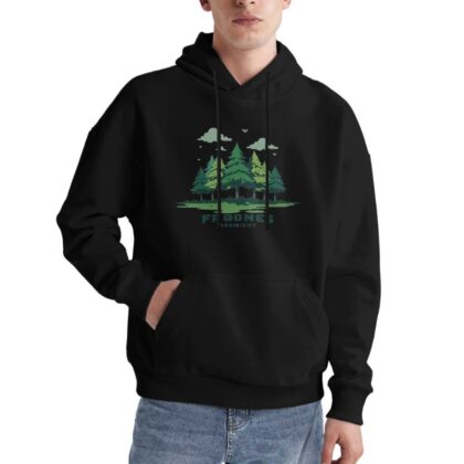 Cozy Black Hoodie with Forest Design for Nature Lovers Outdoor Adventure Style Graphic Sweatshirt Perfect for Casual Wear and Camping Enthusiasts Featuring Pine Trees and Clouds Print Comfortable Fit for Men and Women