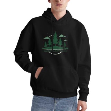 Cozy Black Hoodie with Forest Design for Nature Lovers Outdoor Adventure Style Comfortable Sweatshirt Perfect for Casual Wear and Travel Featuring Pine Trees and Sky Print