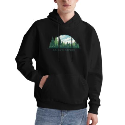Cozy Black Hoodie with Forest Landscape Design for Nature Lovers Outdoor Adventure Style Casual Wear Comfortable Sweatshirt Perfect for Daily Use and Travel
