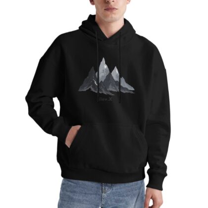 Stylish Black Hoodie with Mountain Design for Men Outdoor Adventure Inspired Graphic Sweatshirt Casual Streetwear Perfect for Hiking Camping and Daily Wear Comfortable Lightweight Pullover with Front Pocket and Drawstring Hood Elev.X Brand